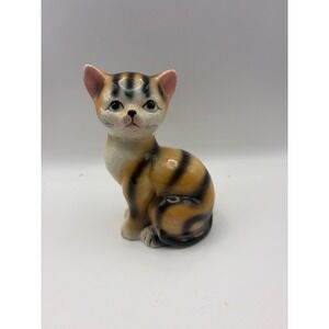 Vintage Ceramic Tabby Cat Figurine Orange Black Striped Glossy Crackle 5 Inch